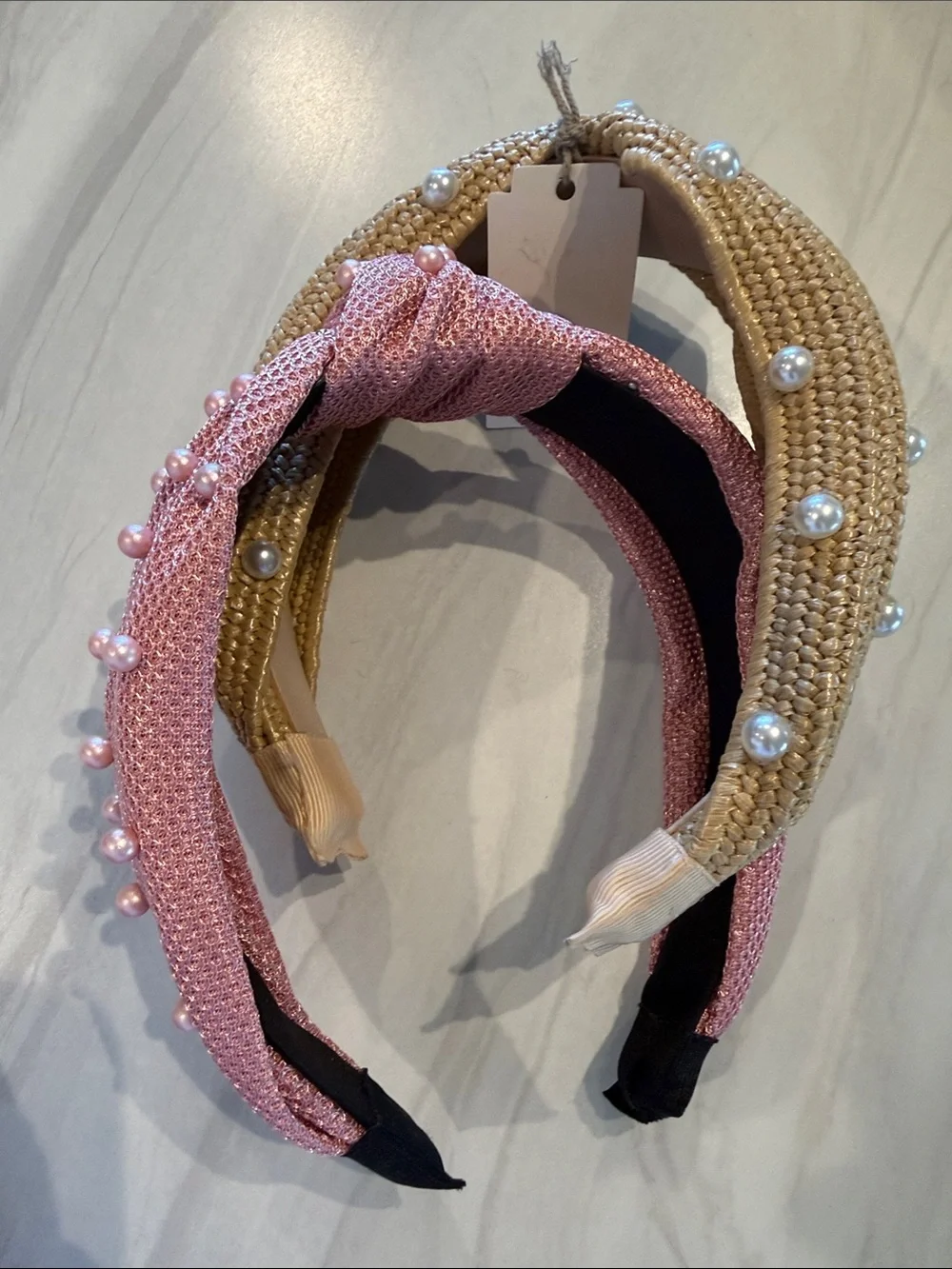 a new day Pearl-Embellished Straw and Pink Knitted Headbands